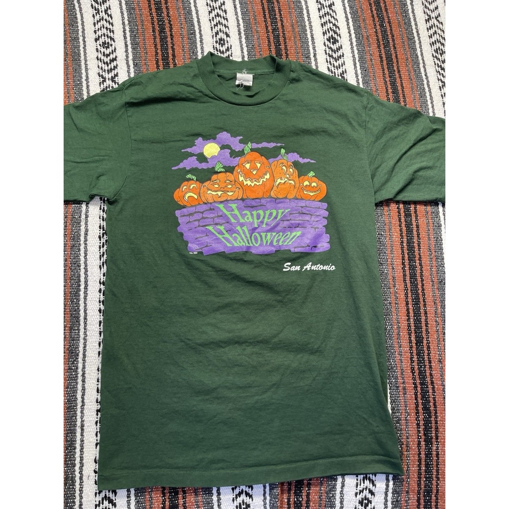 Vintage Happy Halloween Pumpkins Shirt Mens M/L Green Single Stitch 90s USA